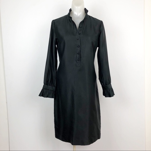 J.Crew 100% Silk High Ruffle Neck black dress button front long sleeve size 2